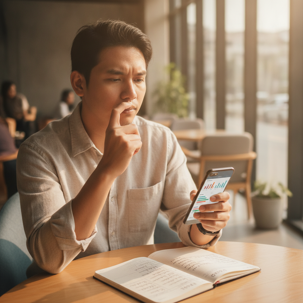Filipino player comparing bonus offers on mobile phone while taking notes